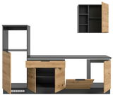 Küchenblock 260 in moderner Frontansicht mit offenen Schränken und Schubladen, graue und holzfarbene Elemente.