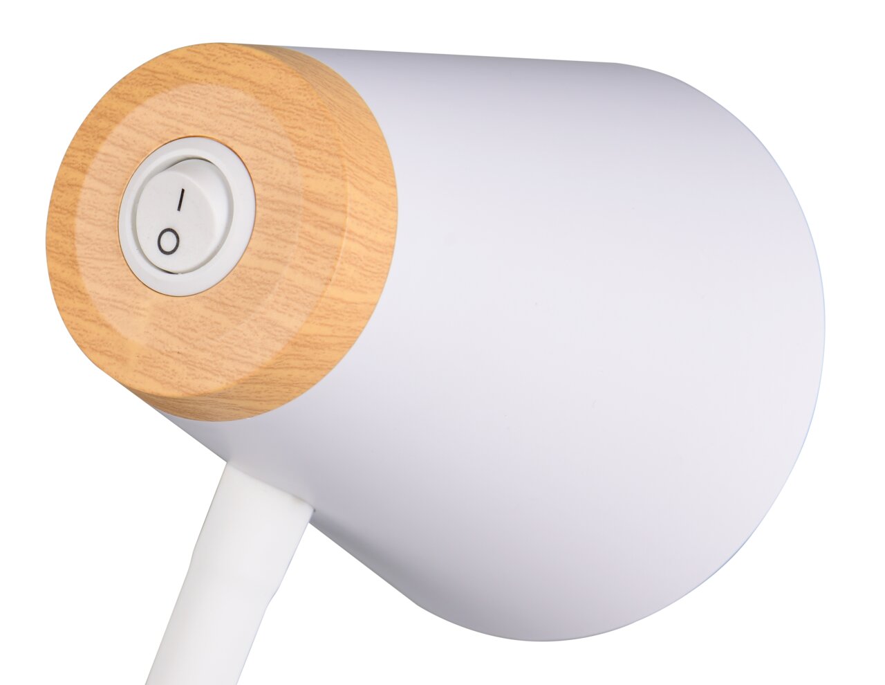 Reality Leuchten Tischleuchte PONGO Nahaufnahme einer modernen Tischleuchte mit Holz- und Weißelementen, seitliche Perspektive