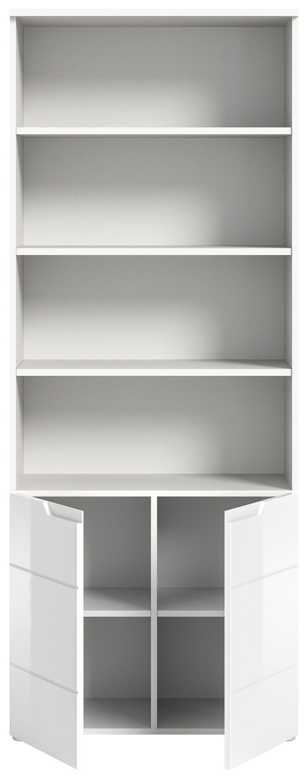 Weißes Stauraumregal mit offenen Regalböden und zwei geöffneten Türen, Frontalansicht