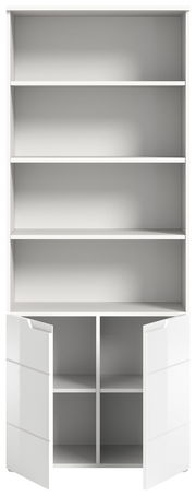 Weißes Stauraumregal mit offenen Regalböden und zwei geöffneten Türen, Frontalansicht