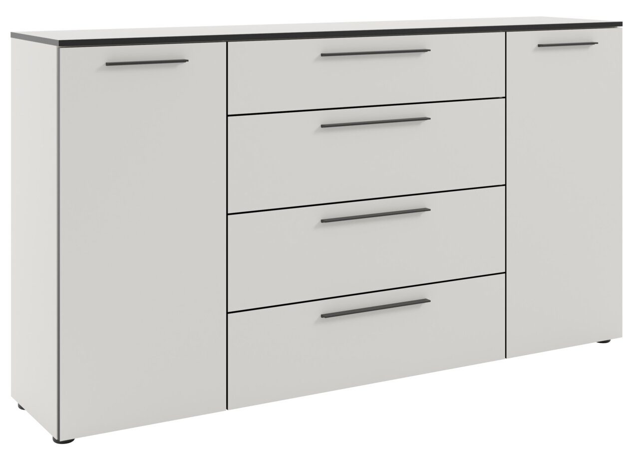 Modernes XL-Sideboard in Weiß mit fünf Schubladen und zwei Türen, seitliche Perspektive