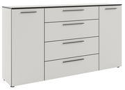 Modernes XL-Sideboard in Weiß mit fünf Schubladen und zwei Türen, seitliche Perspektive