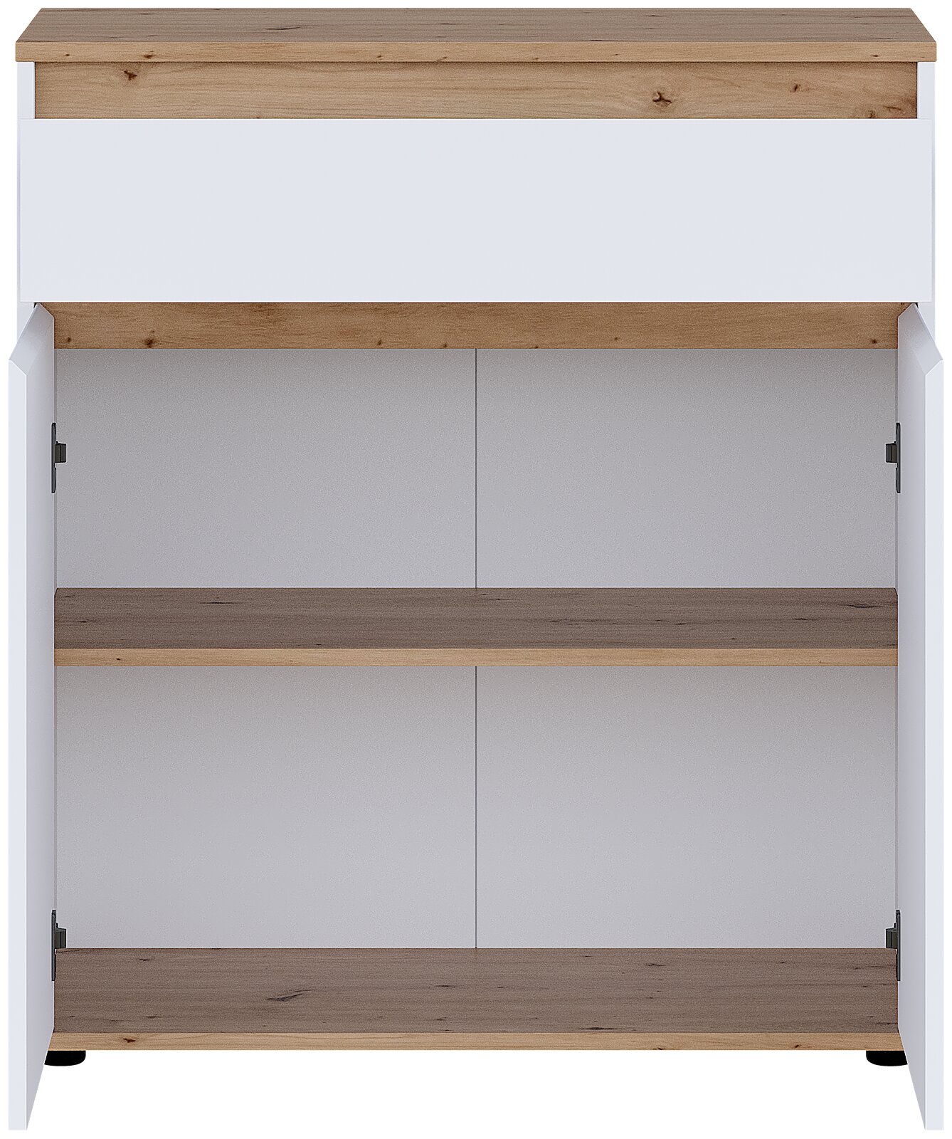 Moderner Schrank in Weiß und natürlicher Holzoptik mit geöffneten Doppeltüren, geräumigen Fächern und oberer Schublade, frontal dargestellt.