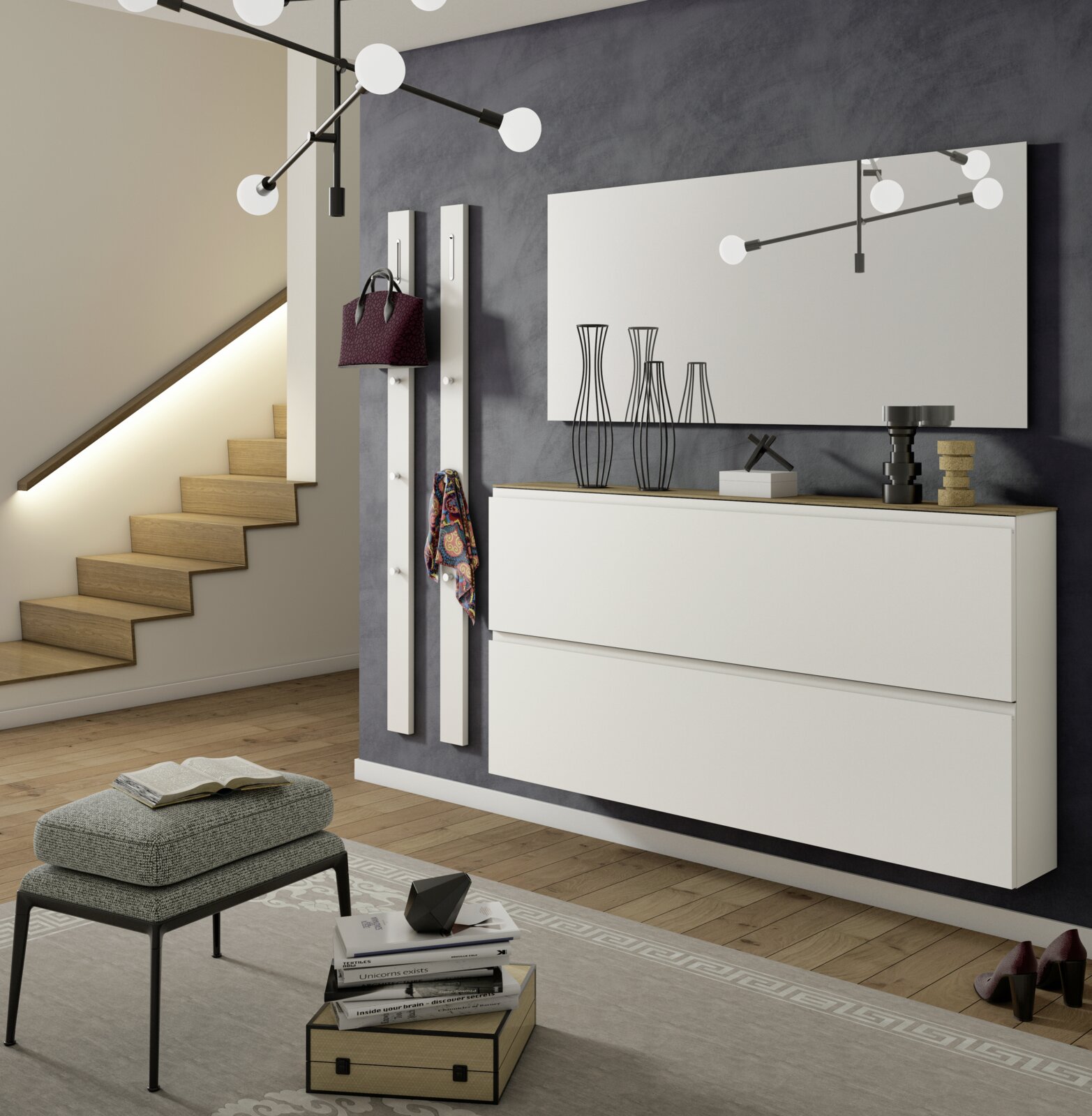 Modernes Garderobenset mit weißem Schrank, Wandhaken und Spiegel, seitliche Perspektive