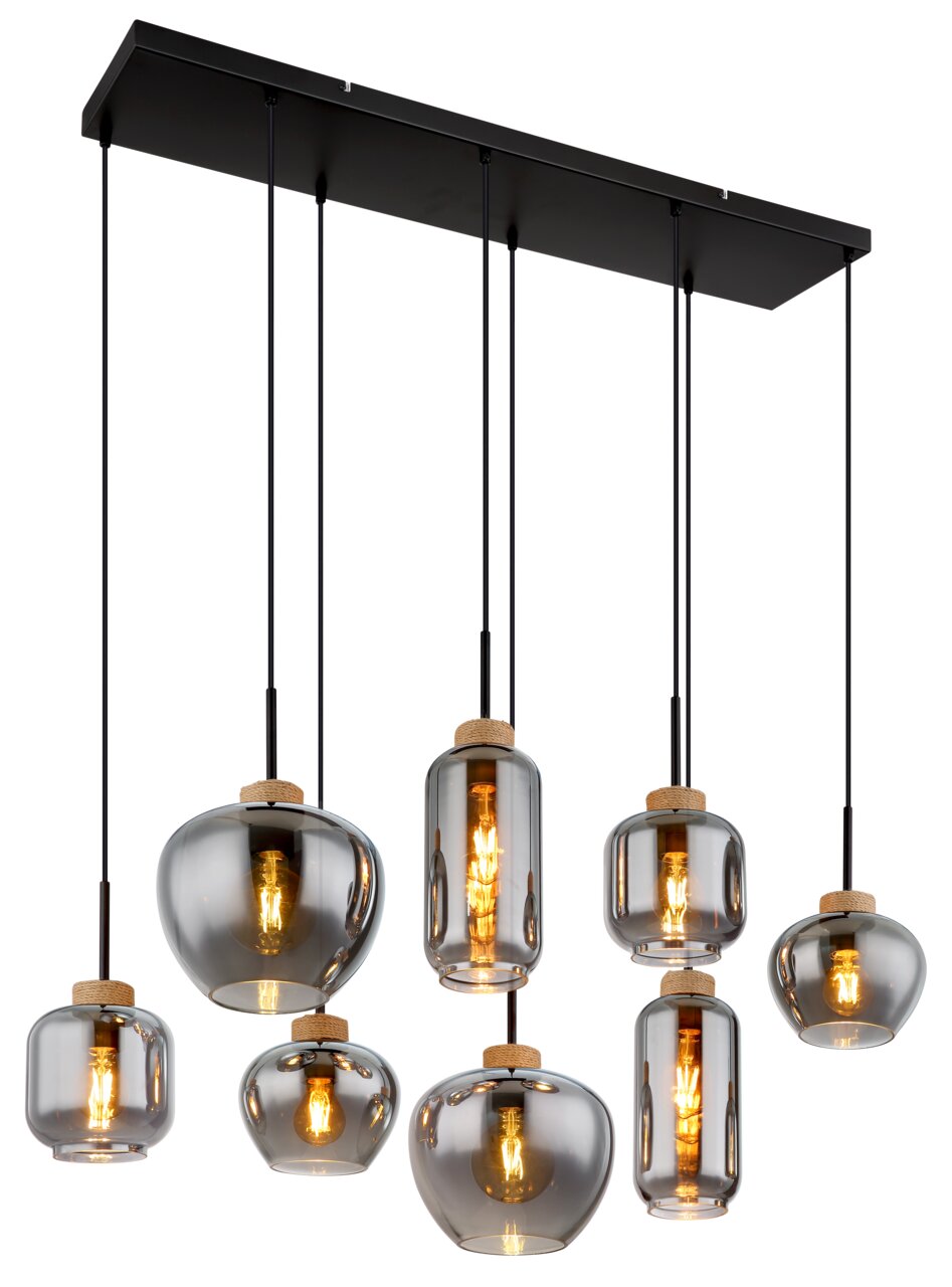 Globo Lighting Hängeleuchte MATT Moderne Hängeleuchte mit sieben rauchgrauen Glaskugeln, die von einer schwarzen Deckenplatte hängen. Seitliche Perspektive.