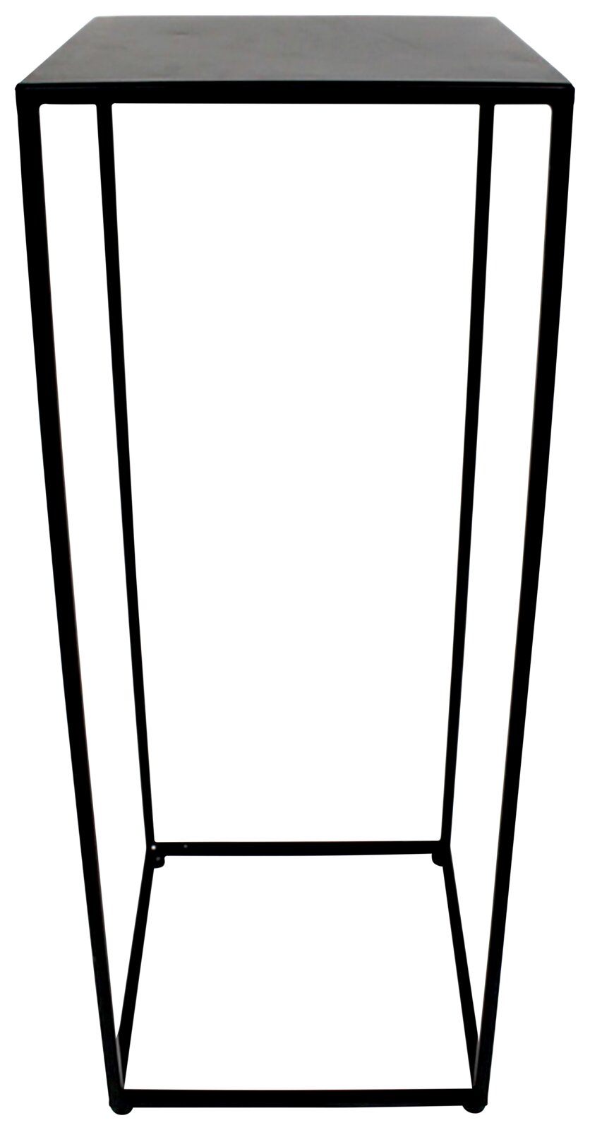 Zwarte bijzettafel van metaal met een minimalistisch ontwerp, gefotografeerd van voren.