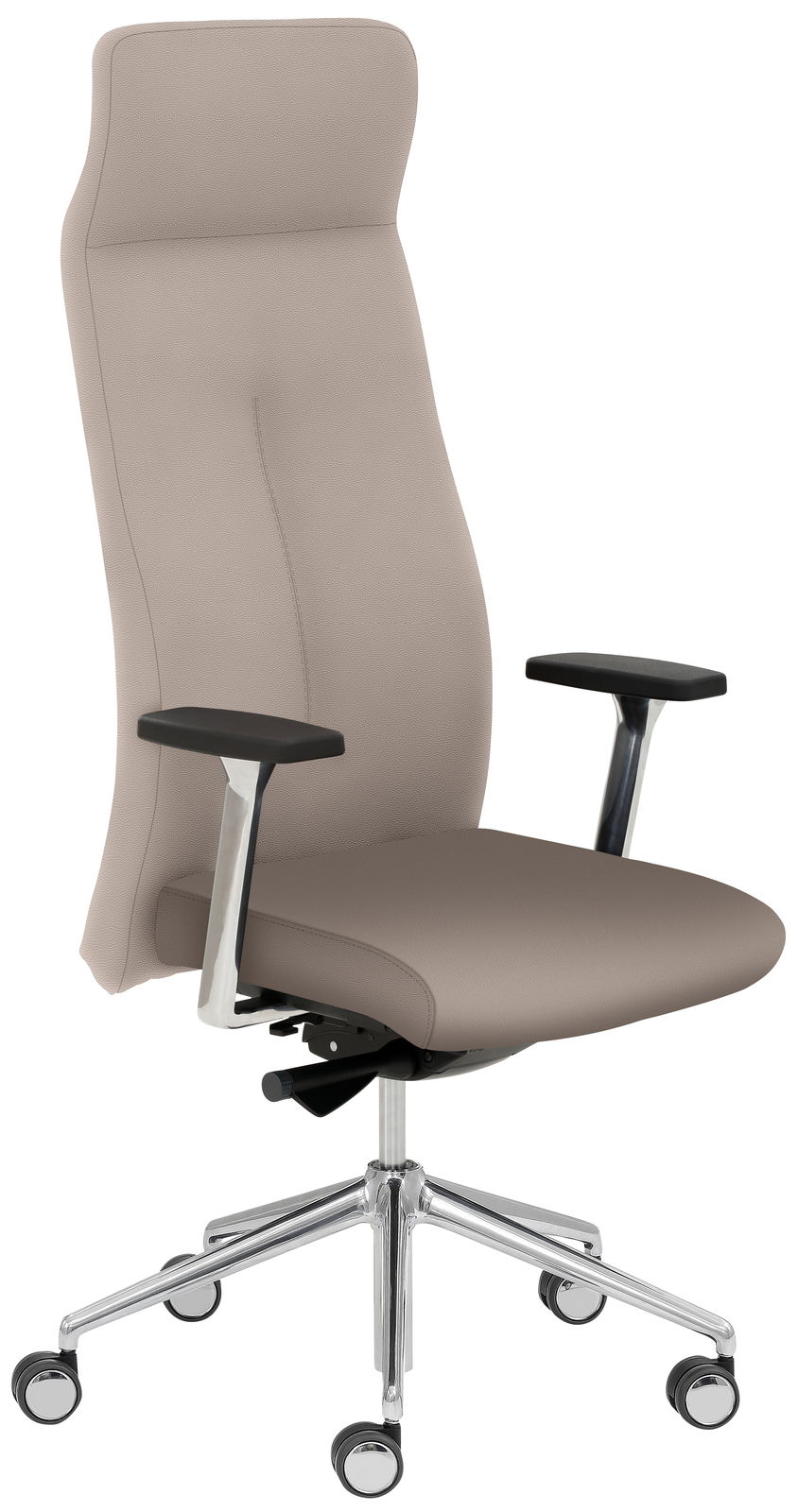 Moderner Chefsessel in Seitenansicht mit hoher Rückenlehne, verstellbaren Armlehnen und einem stabilen, verchromten Fußkreuz auf Rollen.