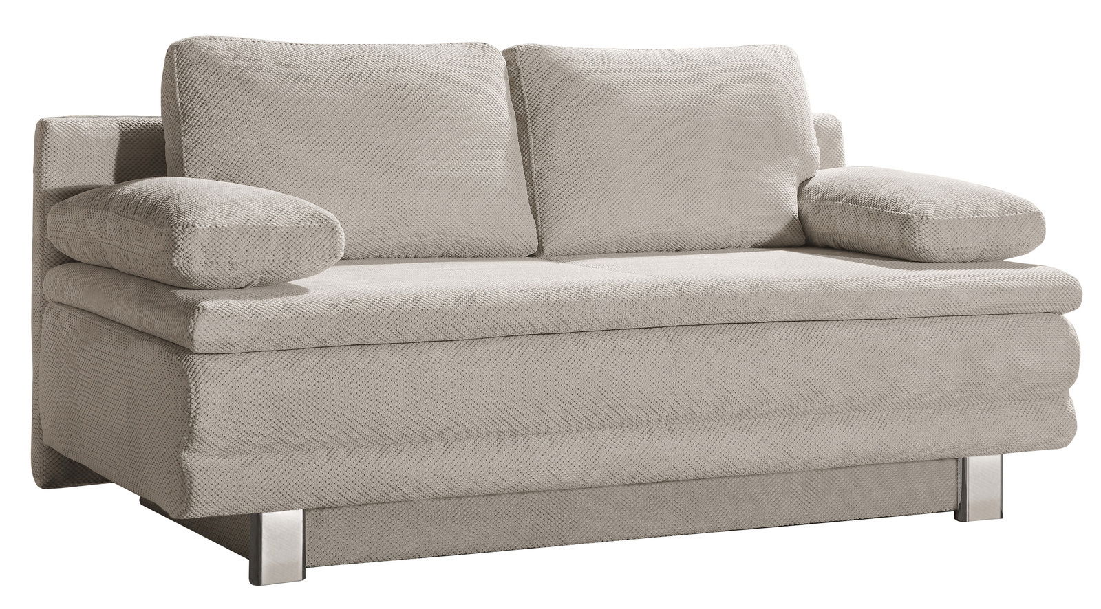 Beiges Querschläfer-Sofa mit zwei Rückenkissen und Armlehnen, seitliche Perspektive