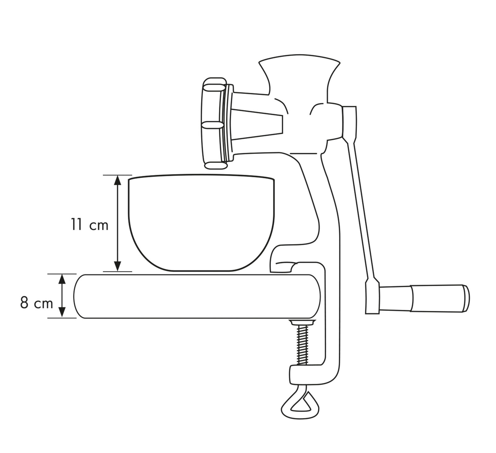 Seitenansicht eines Fleischwolfs SOLIDO mit Handkurbel und Tischklemme, Maße 11 cm und 8 cm angegeben.