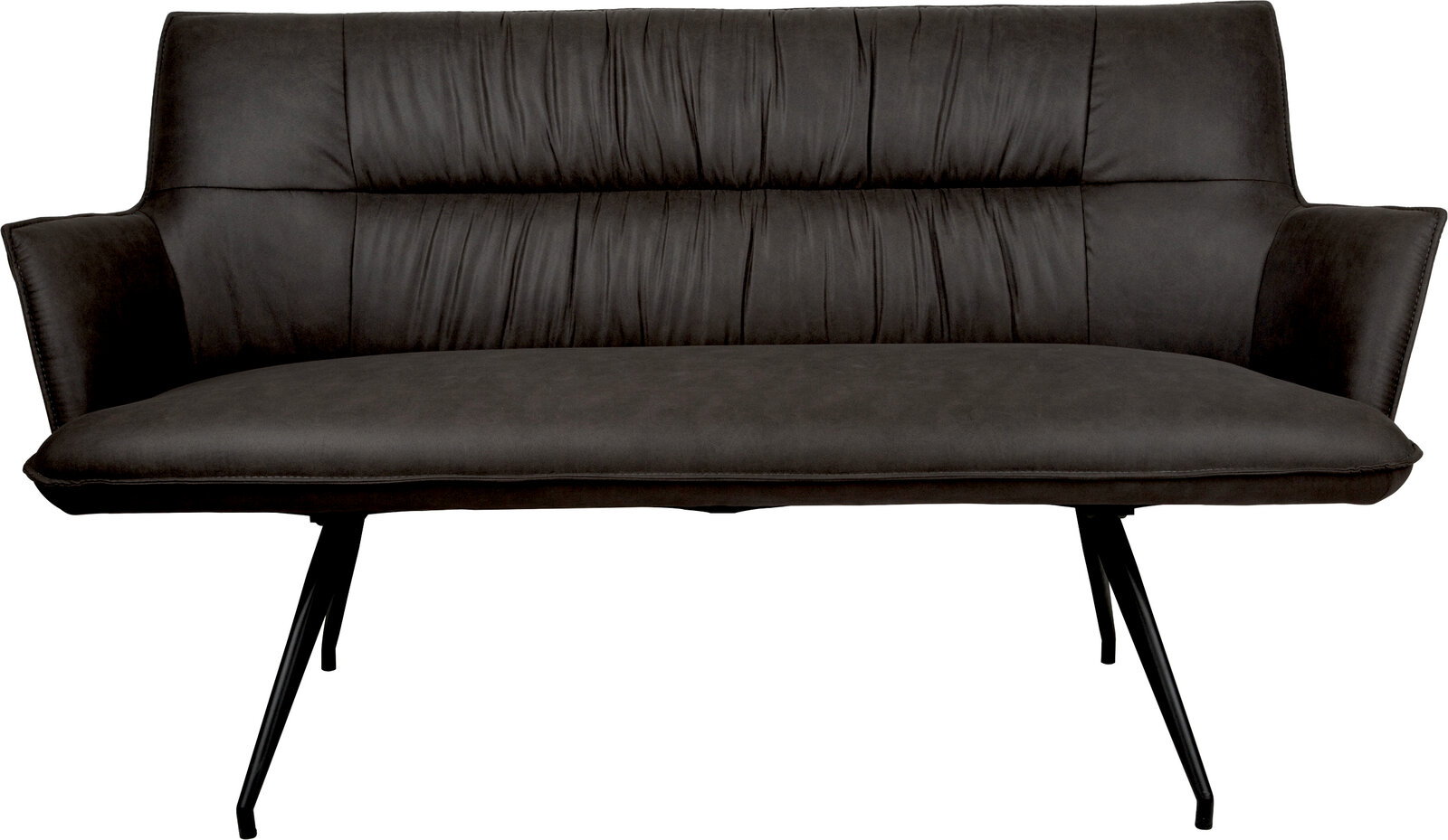 Dunkelgraues 2-Sitzer-Sofa mit gepolsterter Rückenlehne, Armlehnen und schwarzen Metallbeinen, frontal in leichter Untersicht freigestellt auf weißem Hintergrund