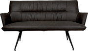 Dunkelgraues 2-Sitzer-Sofa mit gepolsterter Rückenlehne, Armlehnen und schwarzen Metallbeinen, frontal in leichter Untersicht freigestellt auf weißem Hintergrund