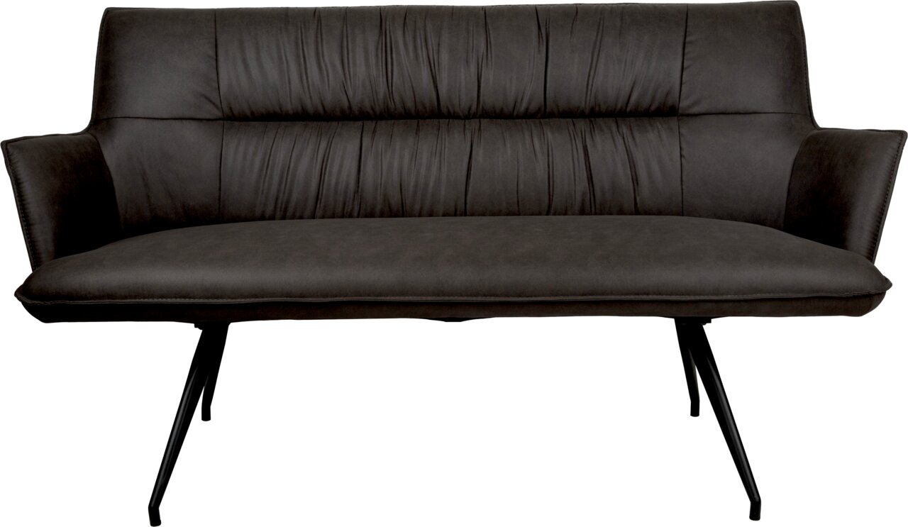 Dunkelgraues 2-Sitzer-Sofa mit gepolsterter Rückenlehne, Armlehnen und schwarzen Metallbeinen, frontal in leichter Untersicht freigestellt auf weißem Hintergrund