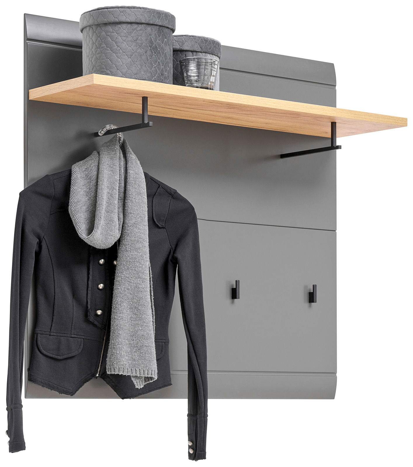 Garderobenpaneel mit grauer Rückwand, Holzablage, zwei grauen Aufbewahrungsboxen und Haken für Kleidung, frontal betrachtet.