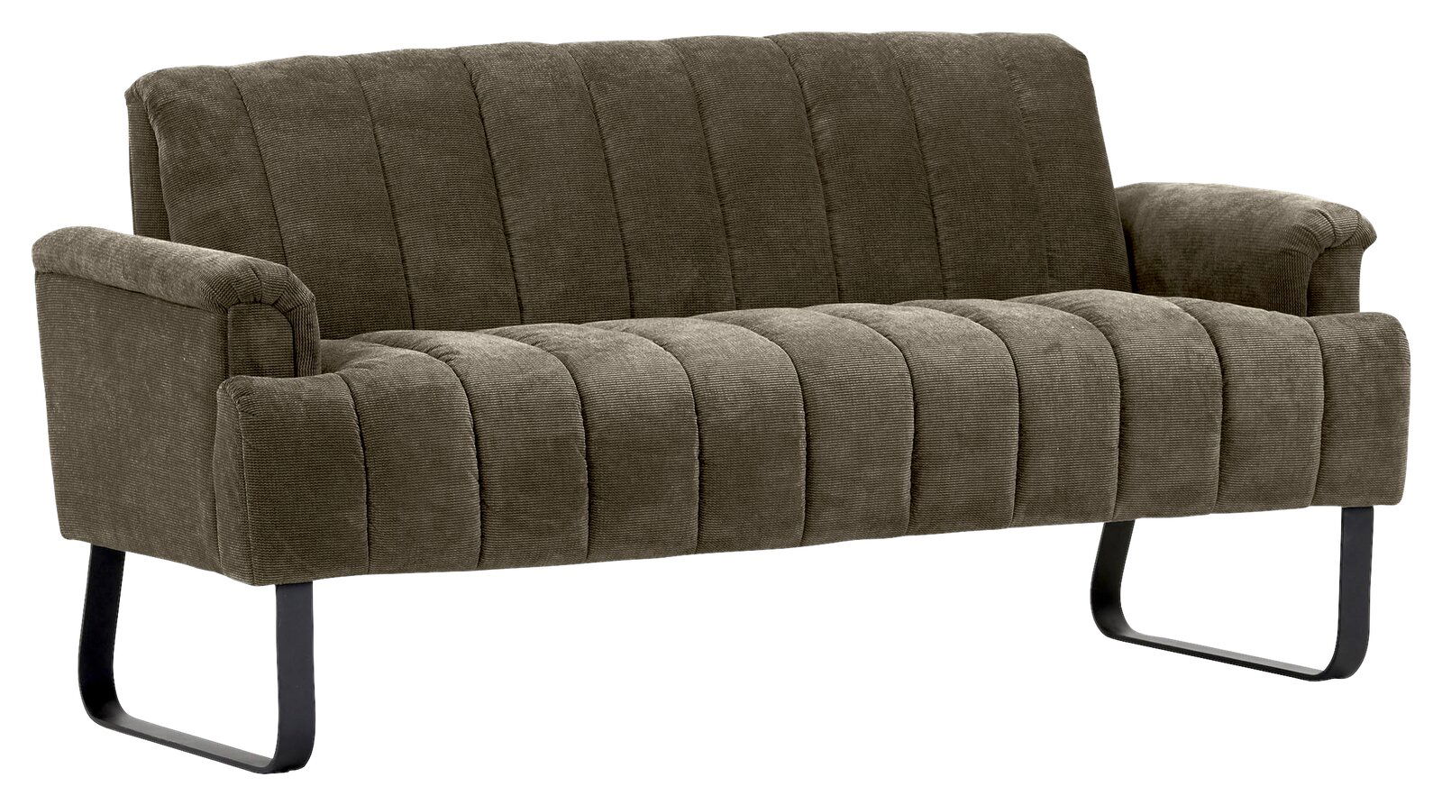 2,5er-Sitzbank in olivgrünem Stoff mit vertikaler Steppung und schwarzen Metallbeinen, seitliche Perspektive