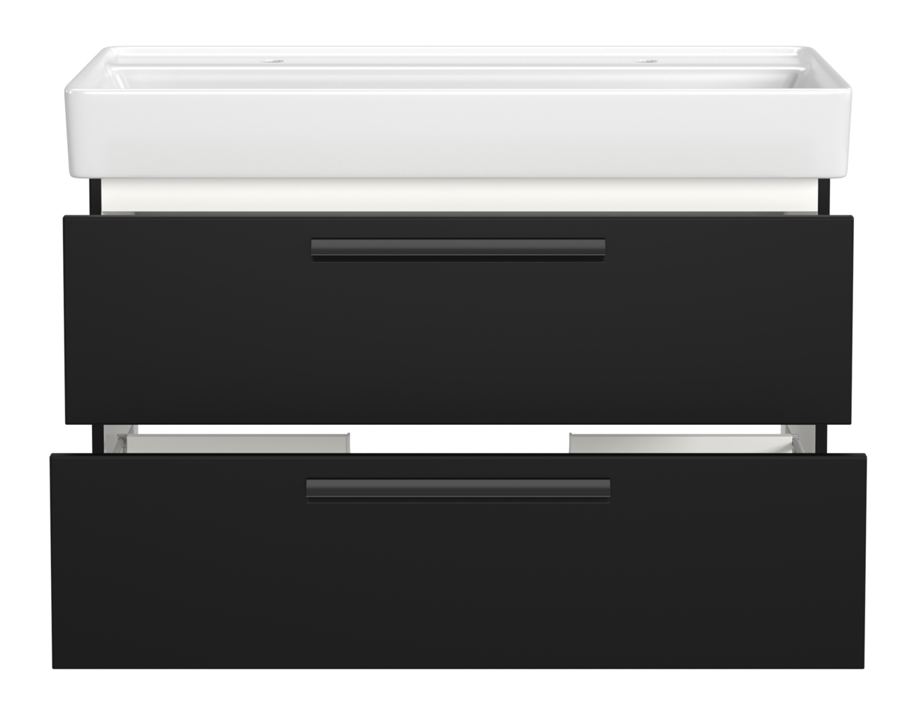 Moderner Waschtisch mit zwei Schubladen in schwarzem Design, frontal betrachtet.