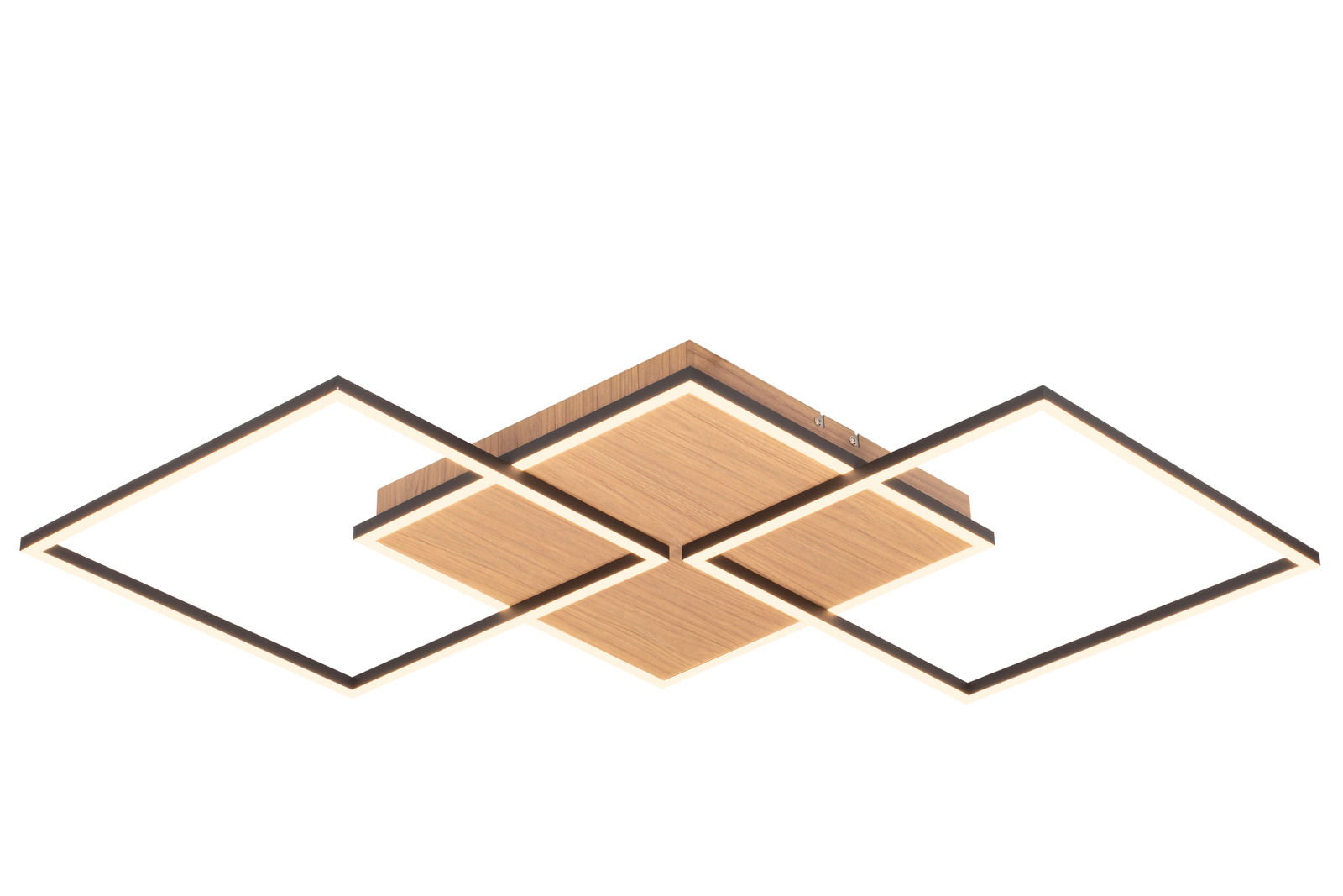 Moderne LED-Deckenleuchte mit Holzoptik, quadratisches Design, seitliche Perspektive