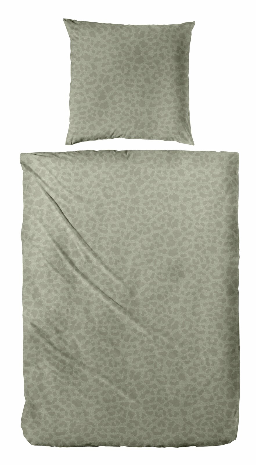 Bettwäsche-Set in Grau mit dezentem Leopardenmuster, bestehend aus einem Kissenbezug und einem Bettdeckenbezug, aus der Vogelperspektive fotografiert.