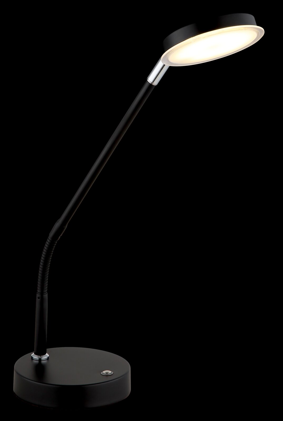 Schwarze LED-Tischleuchte mit flexiblem Hals und rundem Leuchtkopf, seitliche Perspektive