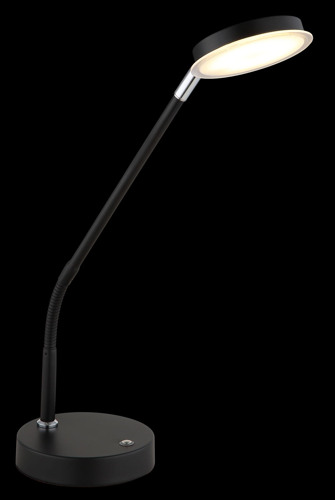 Schwarze LED-Tischleuchte mit flexiblem Hals und rundem Leuchtkopf, seitliche Perspektive