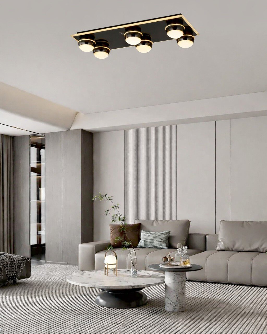 Moderne led-plafondlamp met zes ronde lampen in een stijlvolle woonkamer, gezien van onderaf.