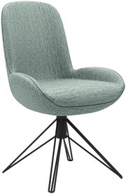 Moderner Stuhl mit grünem Stoffbezug und schwarzem Metallgestell, seitliche Perspektive