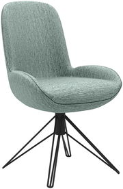 Moderner Stuhl mit grünem Stoffbezug und schwarzem Metallgestell, seitliche Perspektive