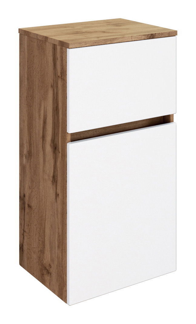 Moderner Unterschrank mit Holzoptik und weißen Fronten, seitliche Perspektive