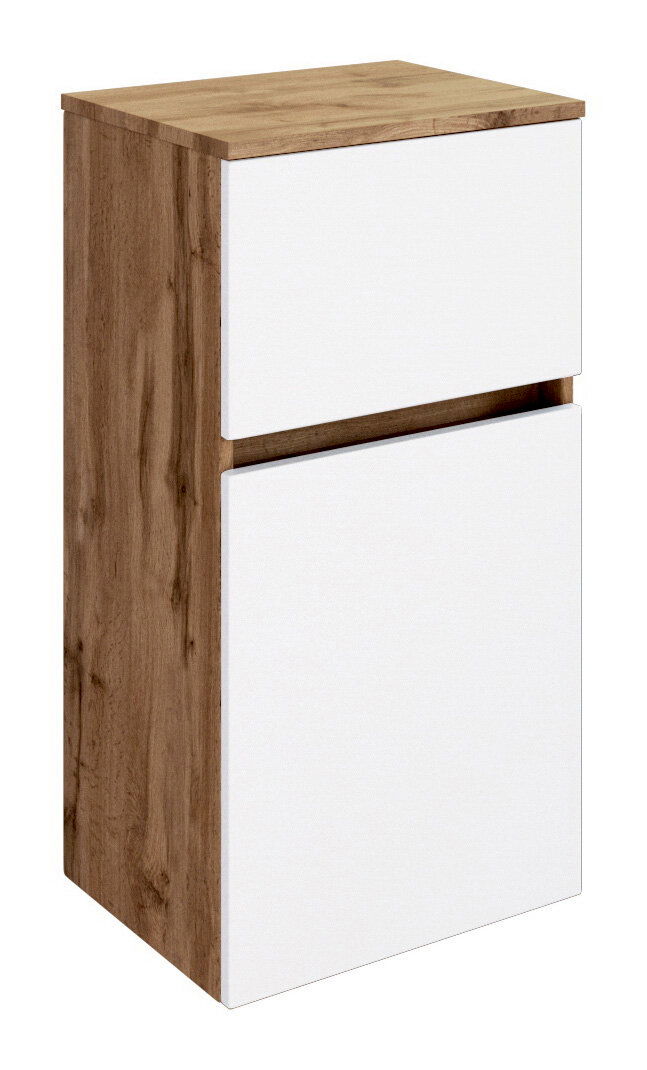 Moderner Unterschrank mit Holzoptik und weißen Fronten, seitliche Perspektive