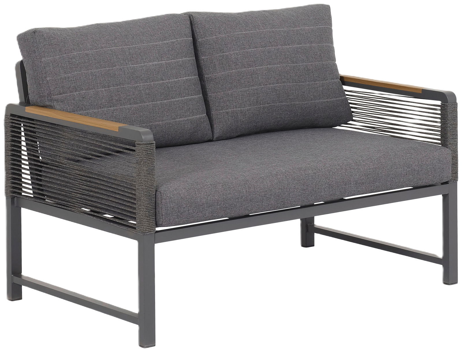 Ambia Garden Sitzbank 2-sitzig CALIDA Zweisitzige Sitzbank mit grauen Polstern und Metallrahmen, seitliche Perspektive