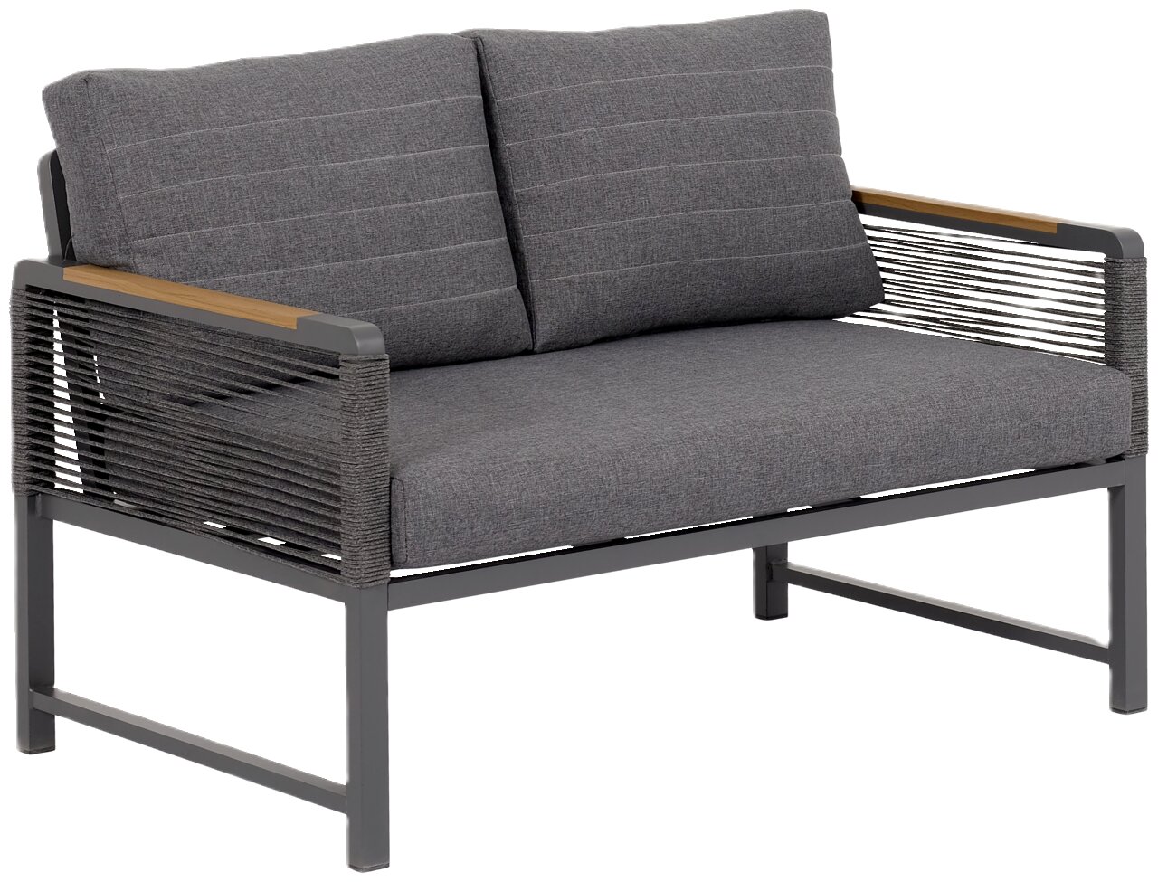 Ambia Garden Sitzbank 2-sitzig CALIDA Zweisitzige Sitzbank mit grauen Polstern und Metallrahmen, seitliche Perspektive