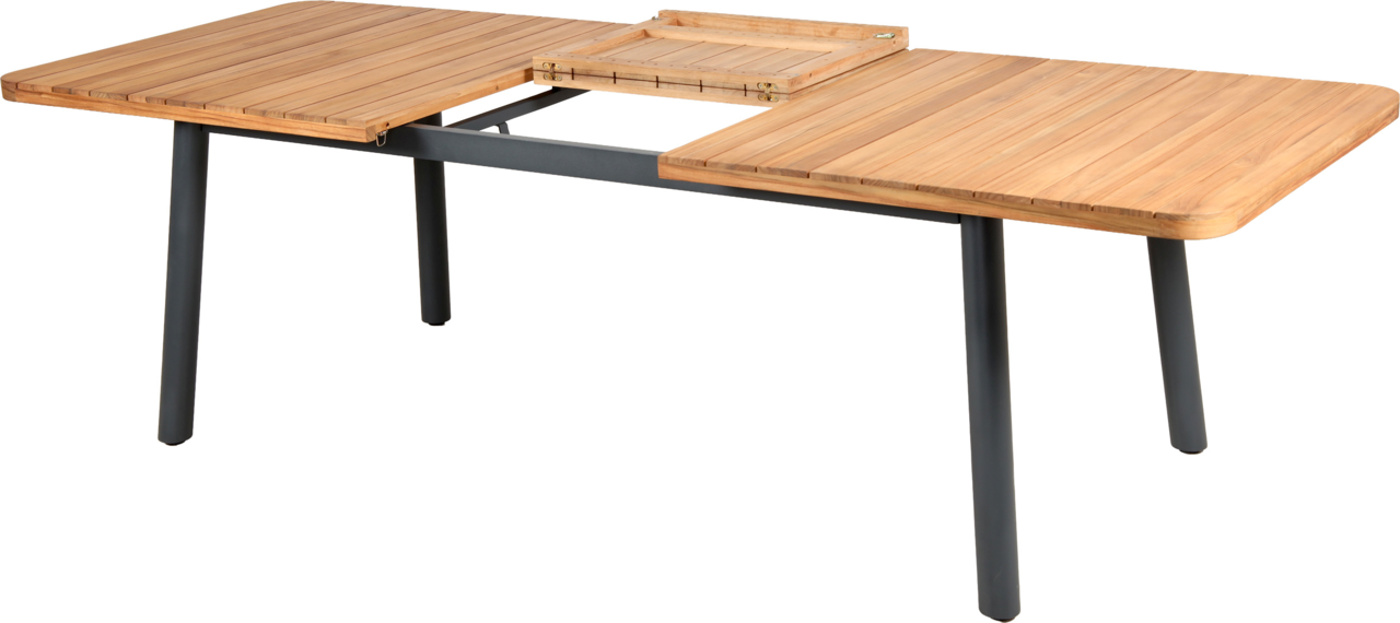 Gartenausziehtisch aus Holz mit Metallbeinen, seitliche Perspektive