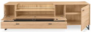 TV-Lowboard aus Holz mit offenen Türen und Schubladen, Frontansicht