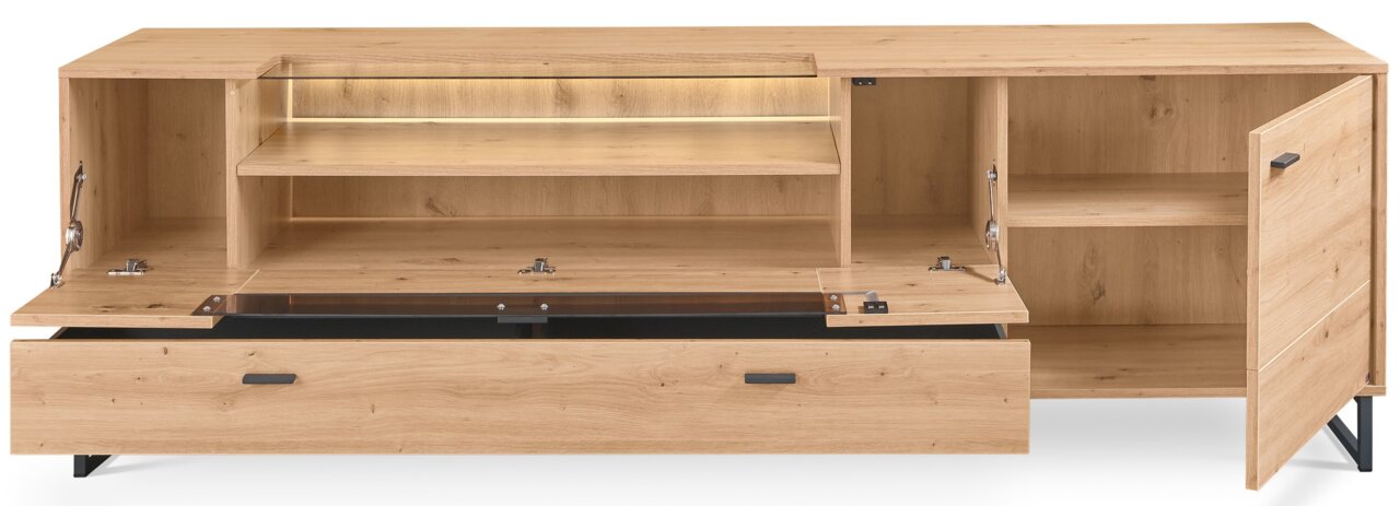 TV-Lowboard aus Holz mit offenen Türen und Schubladen, Frontansicht