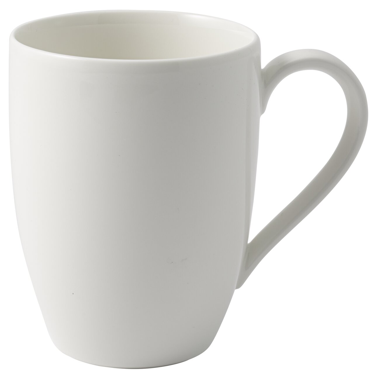 Weißer Becher mit Henkel, seitliche Perspektive