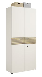 Aktenschrank in weiß mit zwei Türen, einer Holzleiste in der Mitte und zwei Aufbewahrungsboxen oben, Frontalansicht