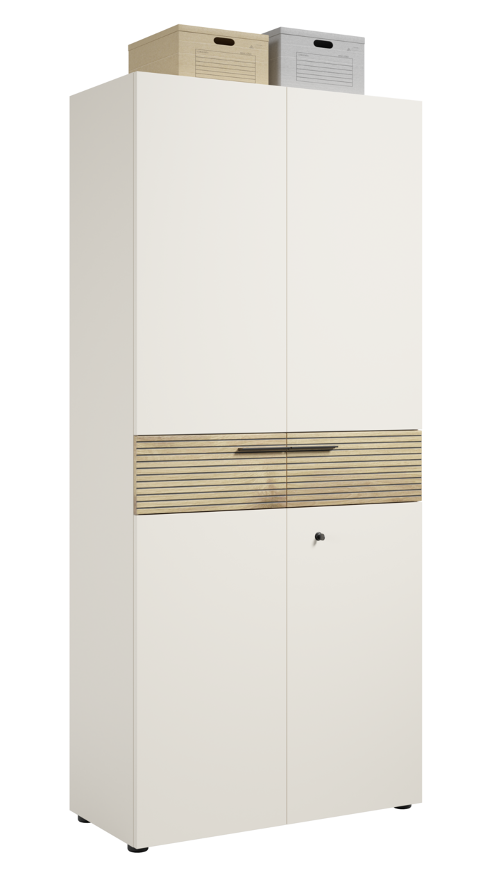 Aktenschrank in weiß mit zwei Türen, einer Holzleiste in der Mitte und zwei Aufbewahrungsboxen oben, Frontalansicht