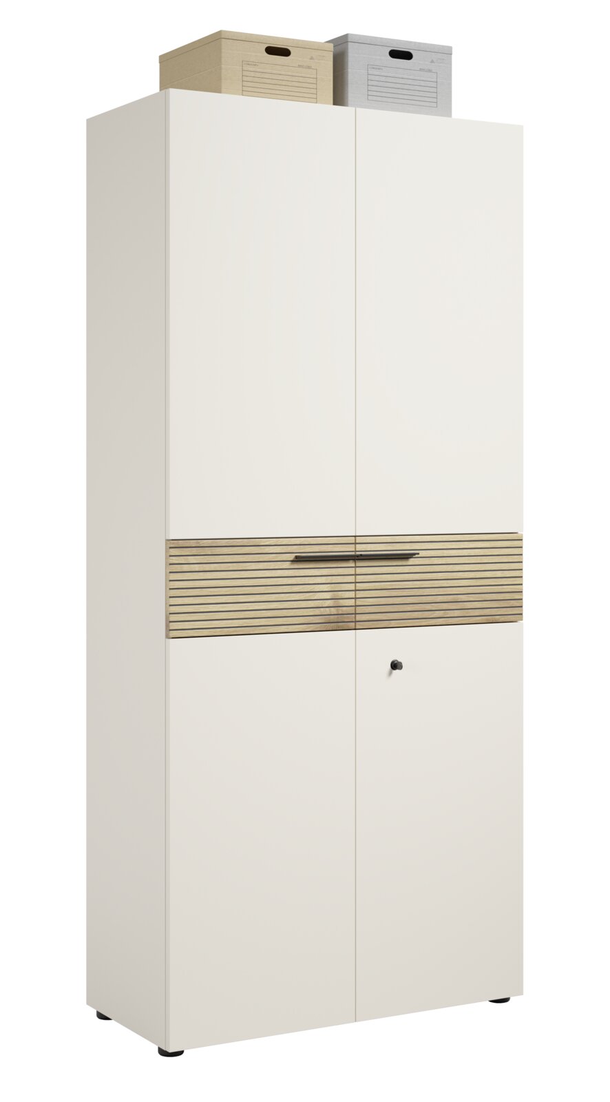 Aktenschrank in weiß mit zwei Türen, einer Holzleiste in der Mitte und zwei Aufbewahrungsboxen oben, Frontalansicht