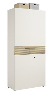 Aktenschrank in weiß mit zwei Türen, einer Holzleiste in der Mitte und zwei Aufbewahrungsboxen oben, Frontalansicht