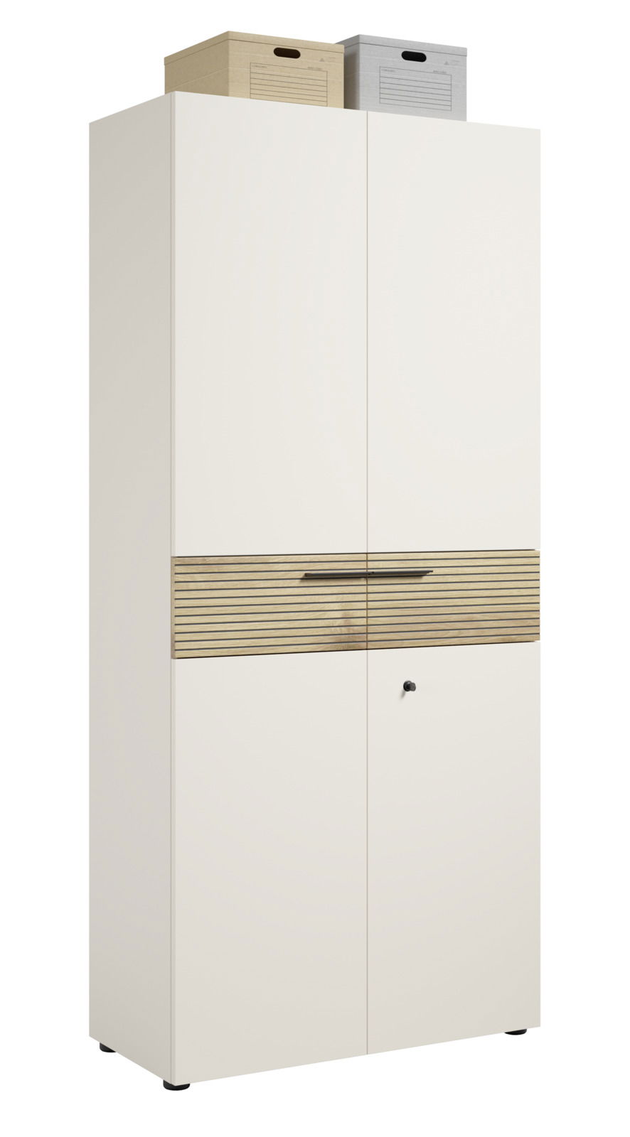 Aktenschrank in weiß mit zwei Türen, einer Holzleiste in der Mitte und zwei Aufbewahrungsboxen oben, Frontalansicht