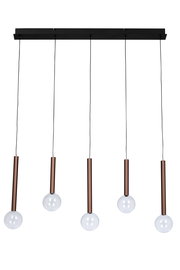 Moderne LED-Hängeleuchte mit fünf hängenden Glühbirnen, seitliche Perspektive