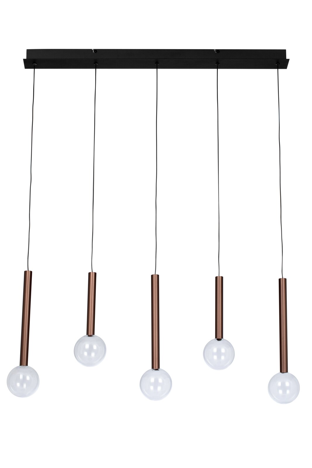 Moderne LED-Hängeleuchte mit fünf hängenden Glühbirnen, seitliche Perspektive