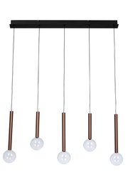 Moderne LED-Hängeleuchte mit fünf hängenden Glühbirnen, seitliche Perspektive