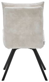 Rückansicht eines modernen Stuhls mit schwarzem Metallgestell und hellgrauer Polsterung.