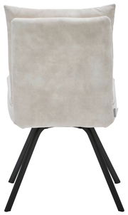 Rückansicht eines modernen Stuhls mit schwarzem Metallgestell und hellgrauer Polsterung.