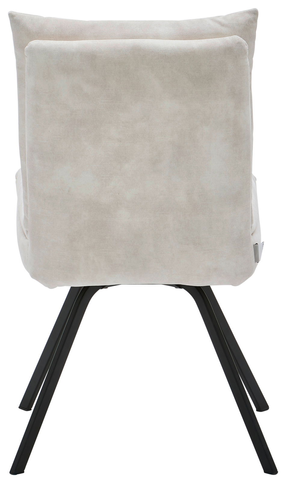 Rückansicht eines modernen Stuhls mit schwarzem Metallgestell und hellgrauer Polsterung.