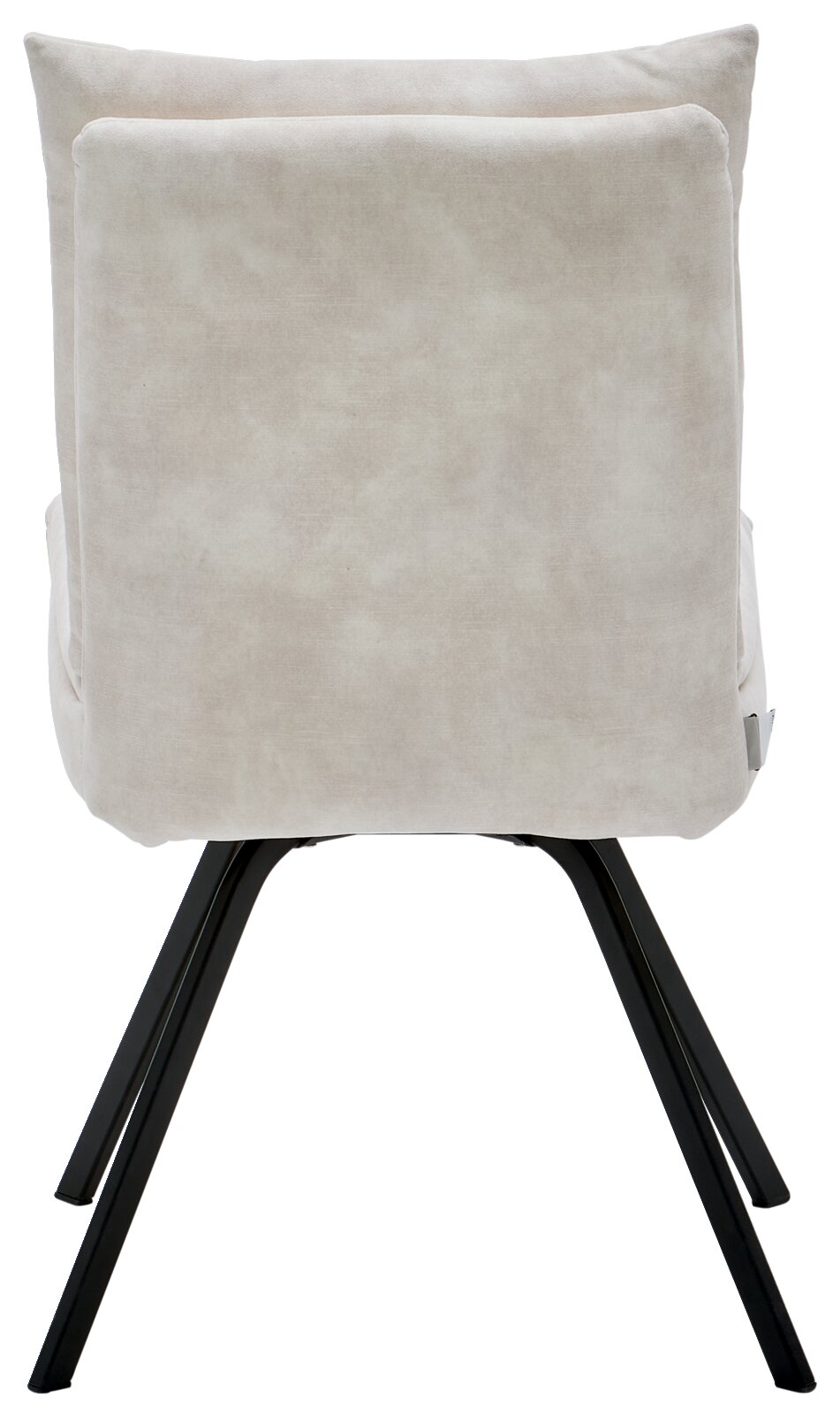 Achterkant van een moderne stoel met een zwart metalen frame en lichtgrijze bekleding.
