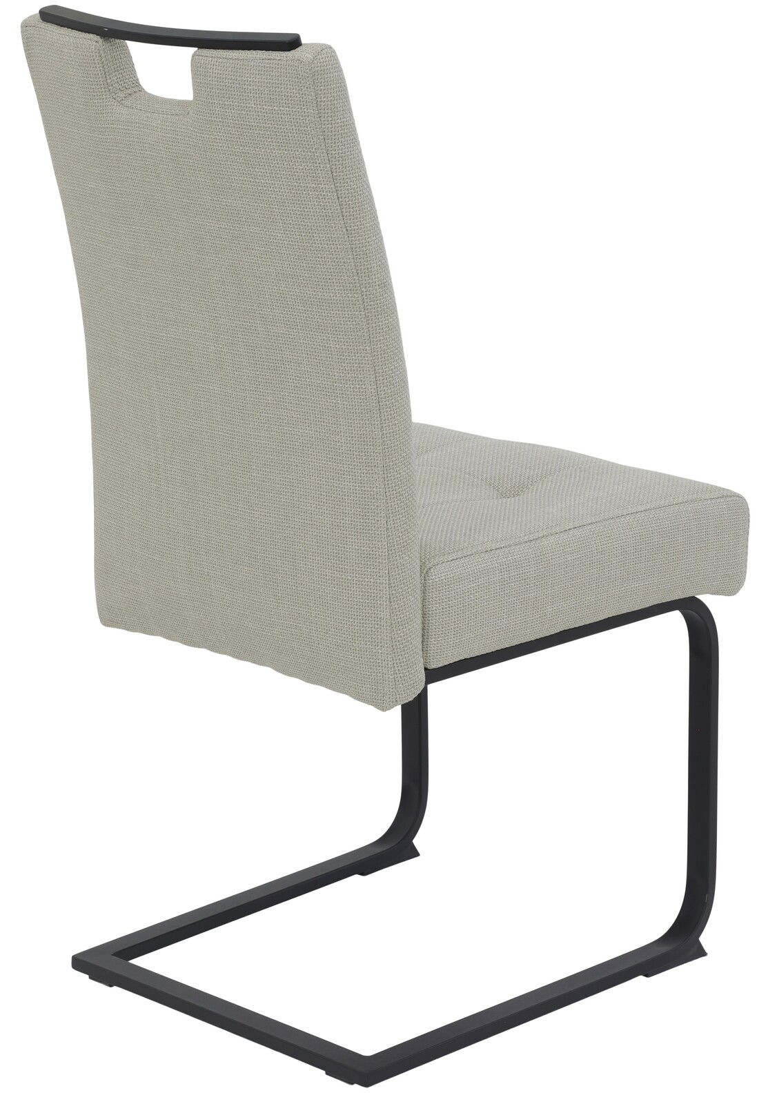 Rückansicht eines modernen Schwingstuhls mit grauem Stoffbezug und schwarzem Metallgestell.