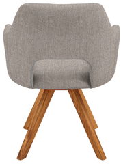 Rückansicht eines Sessels mit grauem Stoffbezug und Holzbeinen