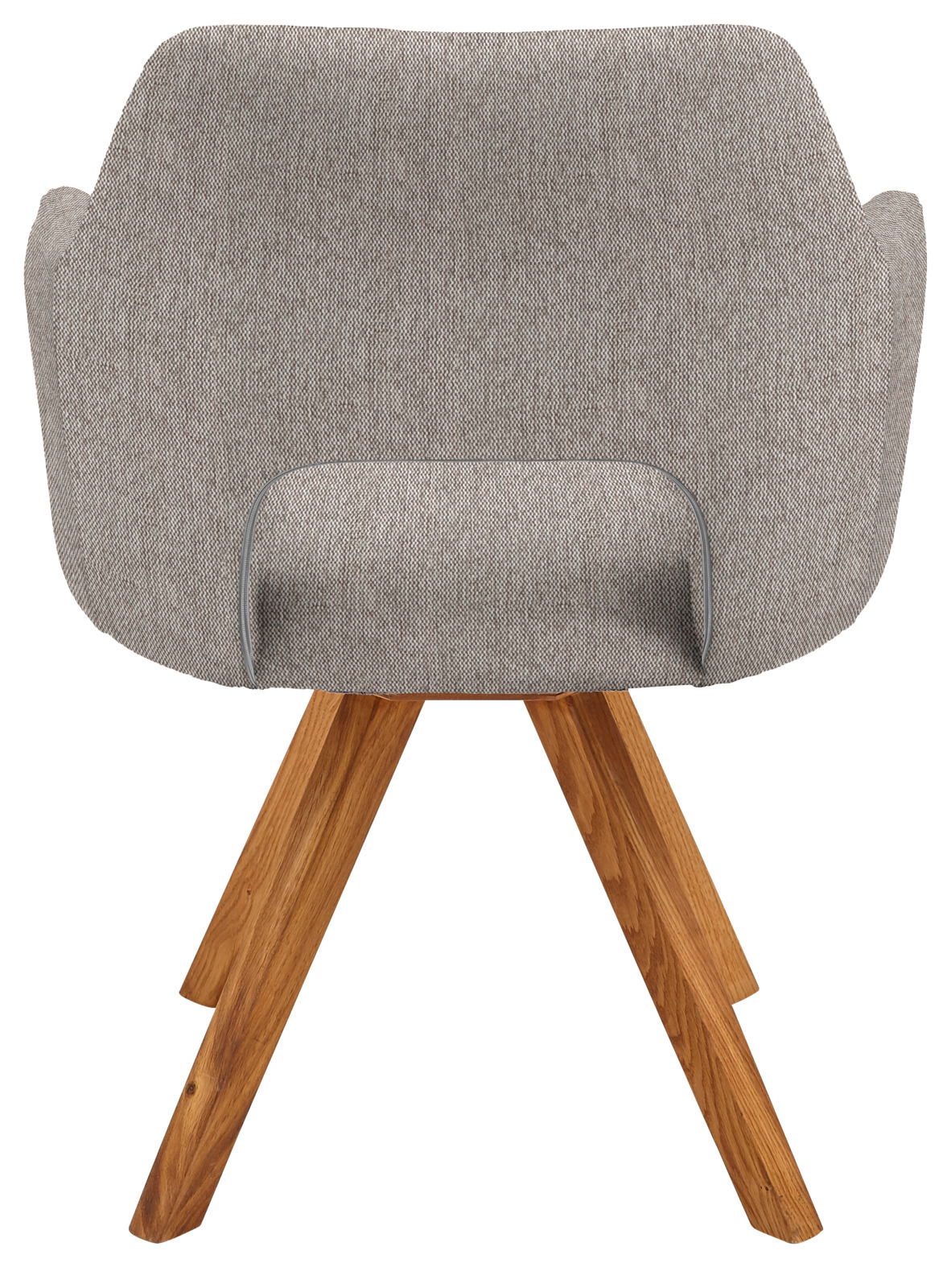 Rückansicht eines Sessels mit grauem Stoffbezug und Holzbeinen