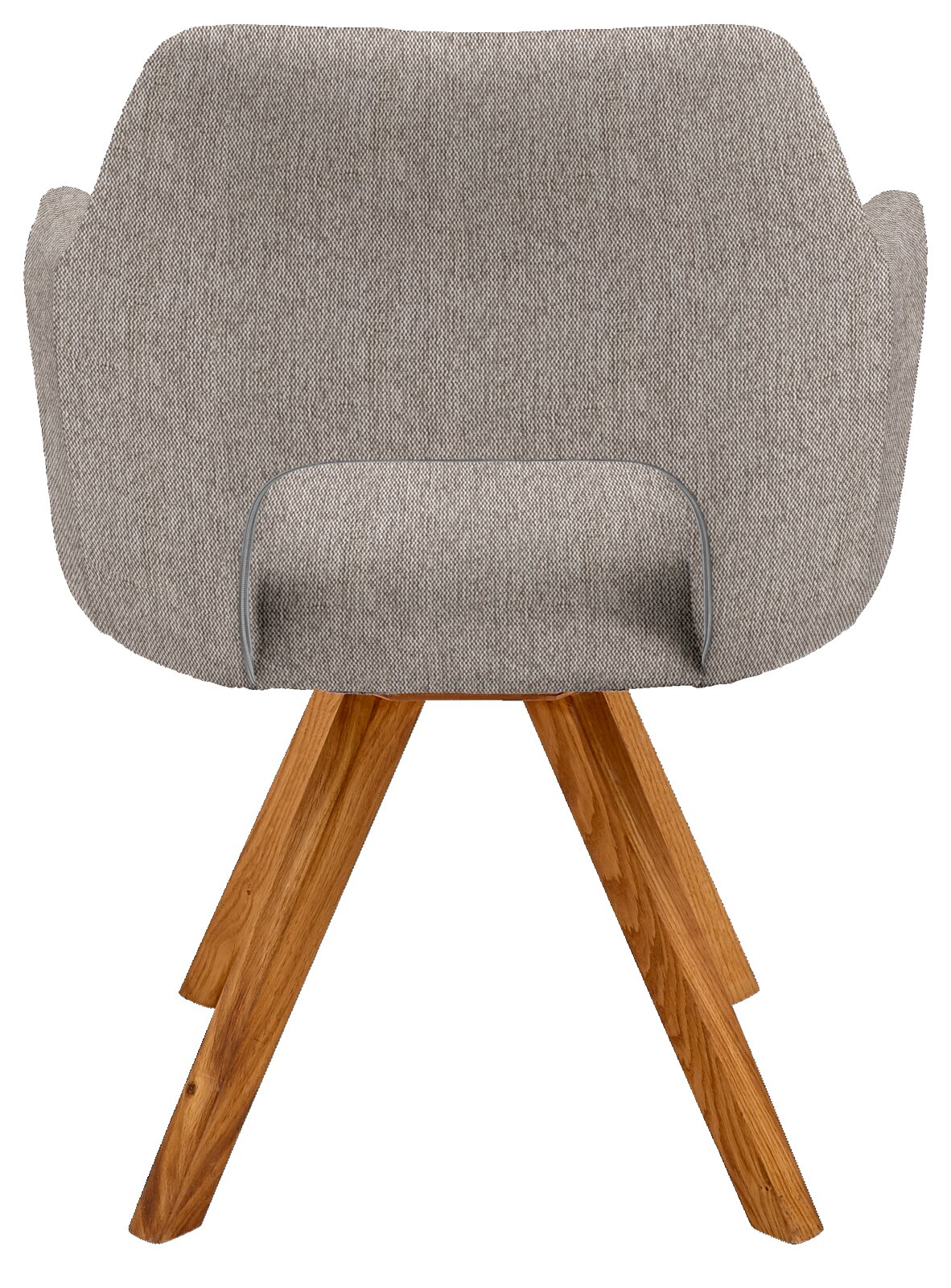 Achterkant van een fauteuil met grijze stoffen bekleding en houten poten